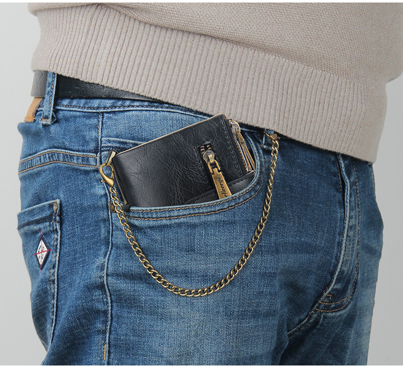 Men Wallet with Anti-Theft Chain RFID Blocking Leather Purse Zipper Phone Holder