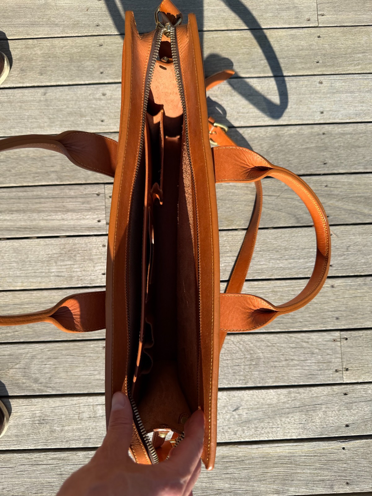 Frank Clegg Zip Top Briefcase Cognac Leather Made in USA with Shoulder Strap