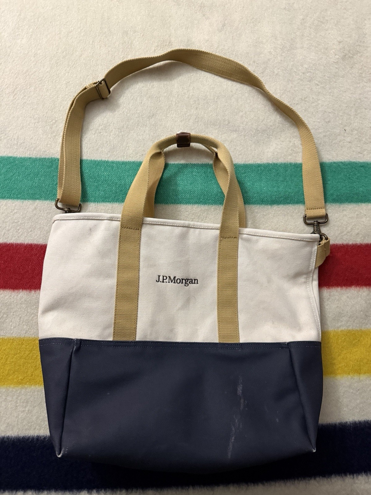 JP Morgan Stanley Banker Finance LL Bean Canvas Rubber Tote Side Bag 20.5×18”