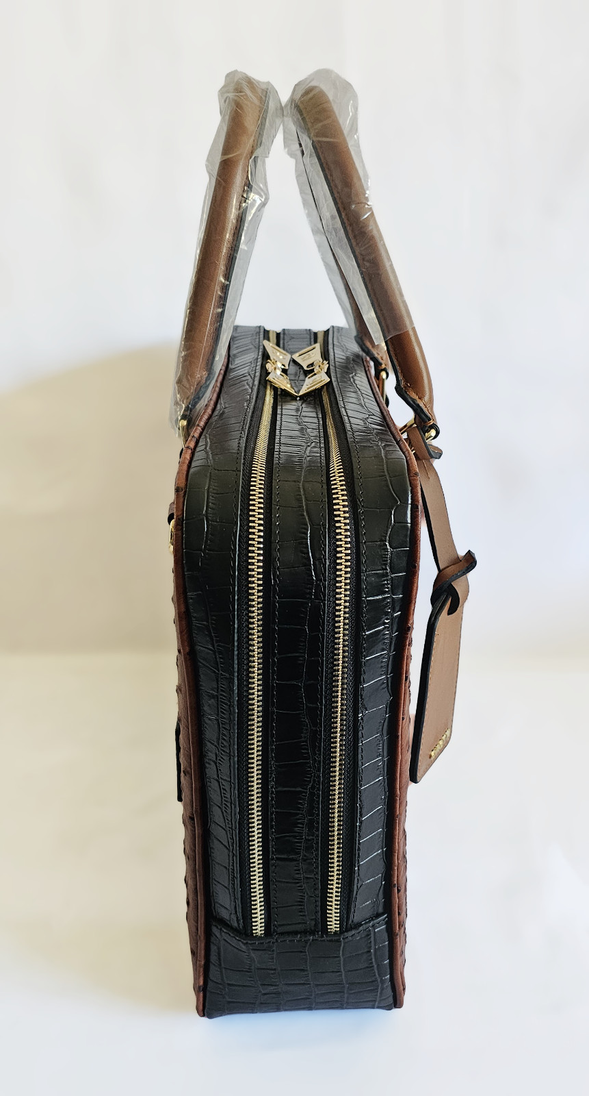 New GIROTTI Men’s Briefcase Brown Ostrich & Black Croc-Stamped Leather W/ Strap