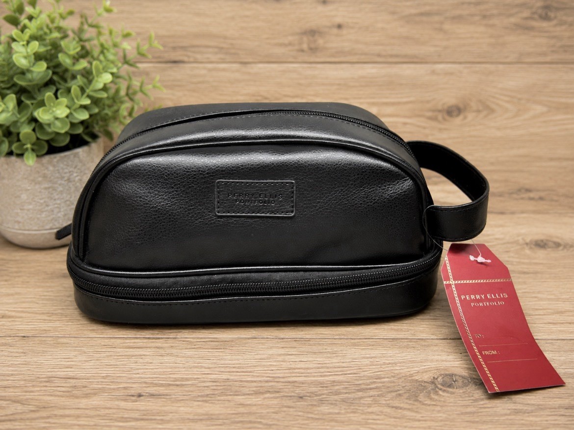 New Perry Ellis Portfolio Men’s Black Faux Leather Dopp Kit Toiletry Bag Travel