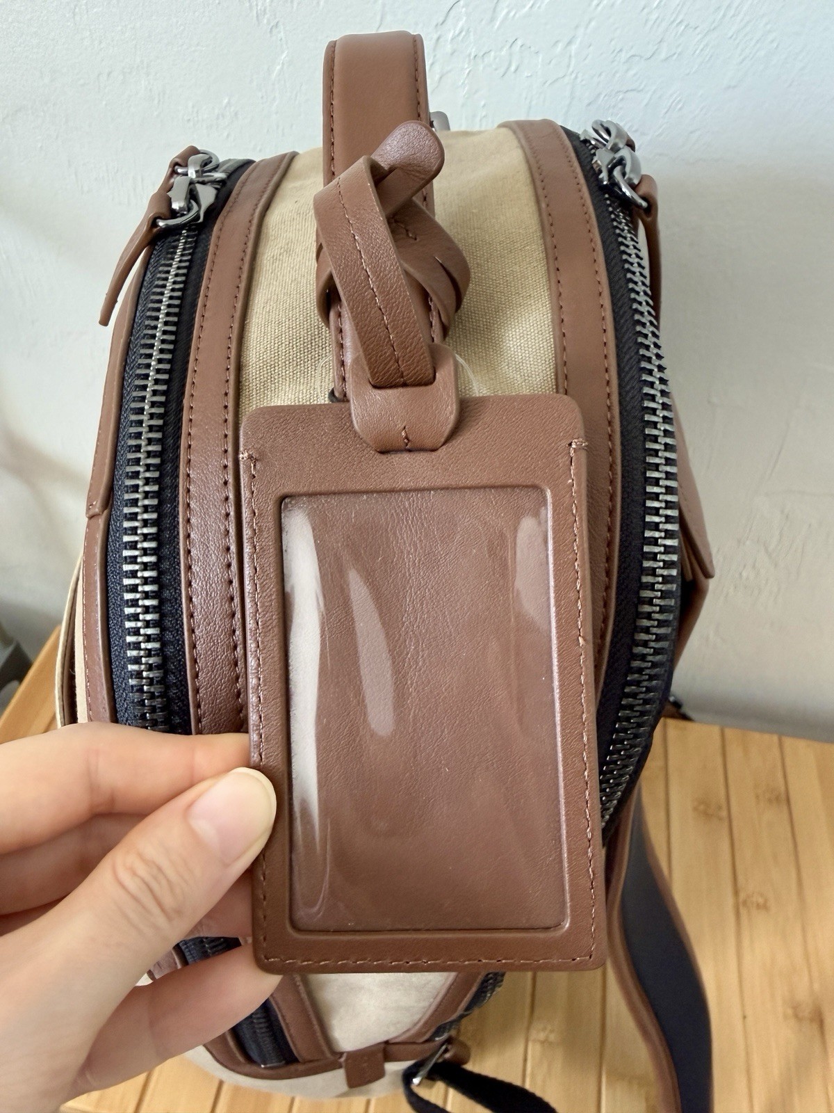 New Ted Baker Men’s Xaden Nylon & Leather Trim Double Zipper Backpack NWT Khaki