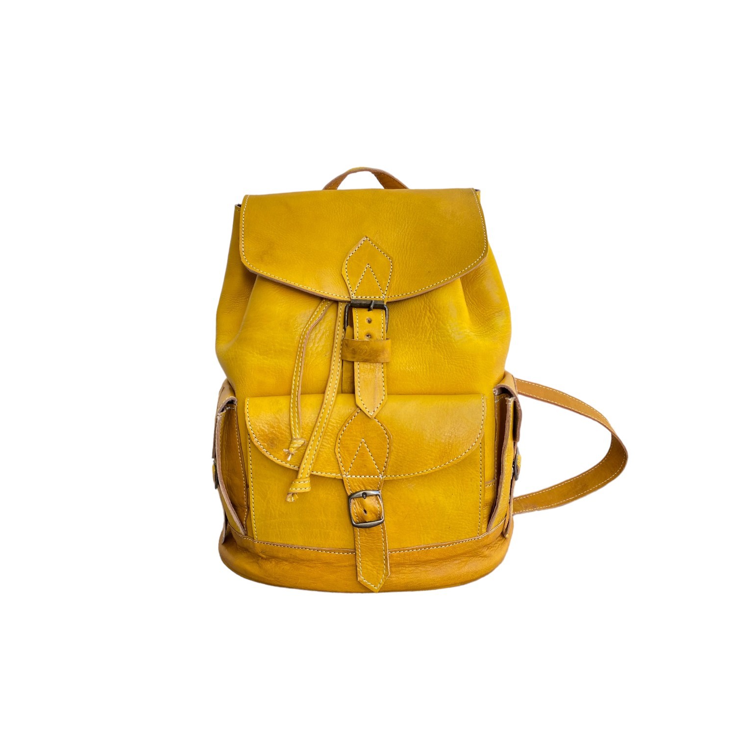Yellow Leather Backpack Handmade Morocco Belt Buckle Front Back Pocket