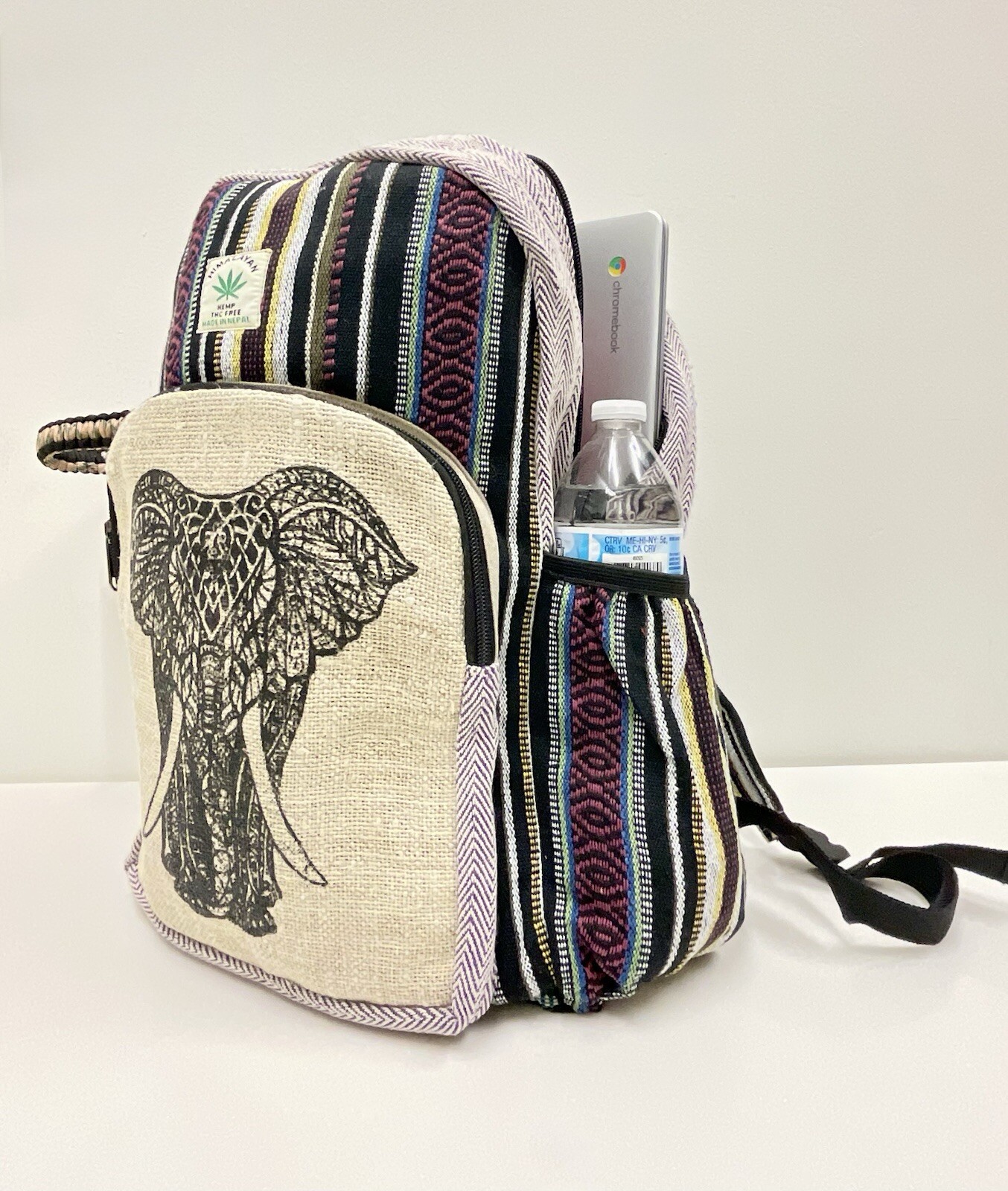 Handmade Hemp Backpack Elephant With Laptop Pocket Nepal Fair Trade Hiking Boho