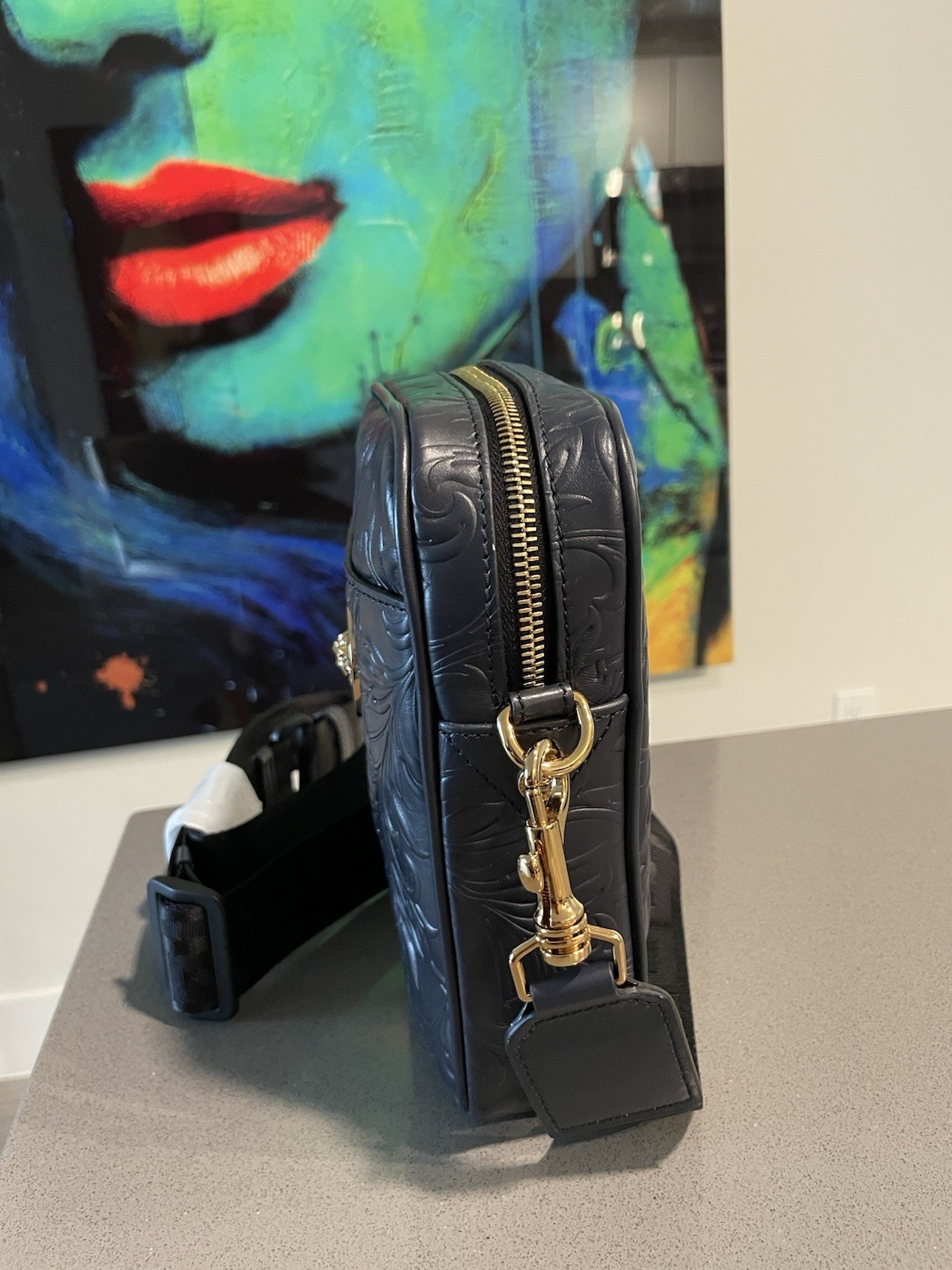 Versace Messenger Embrossing Calf Leather Barocc Navy Blue-gold $ 1500 Authentic
