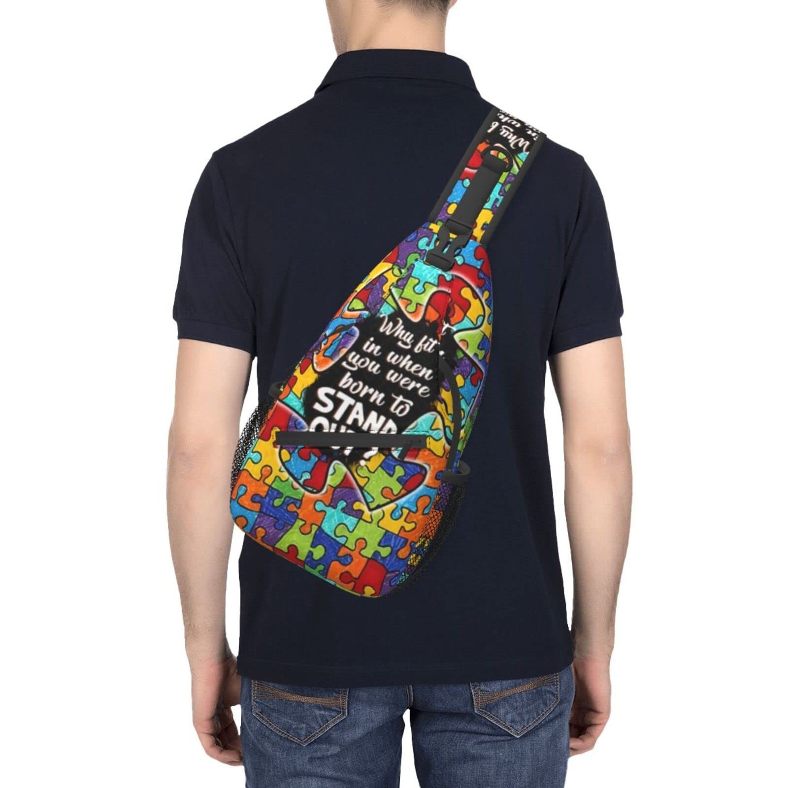 Autism Pattern Sling Backpack Travel Hiking Daypack Awareness Crossbody Bag