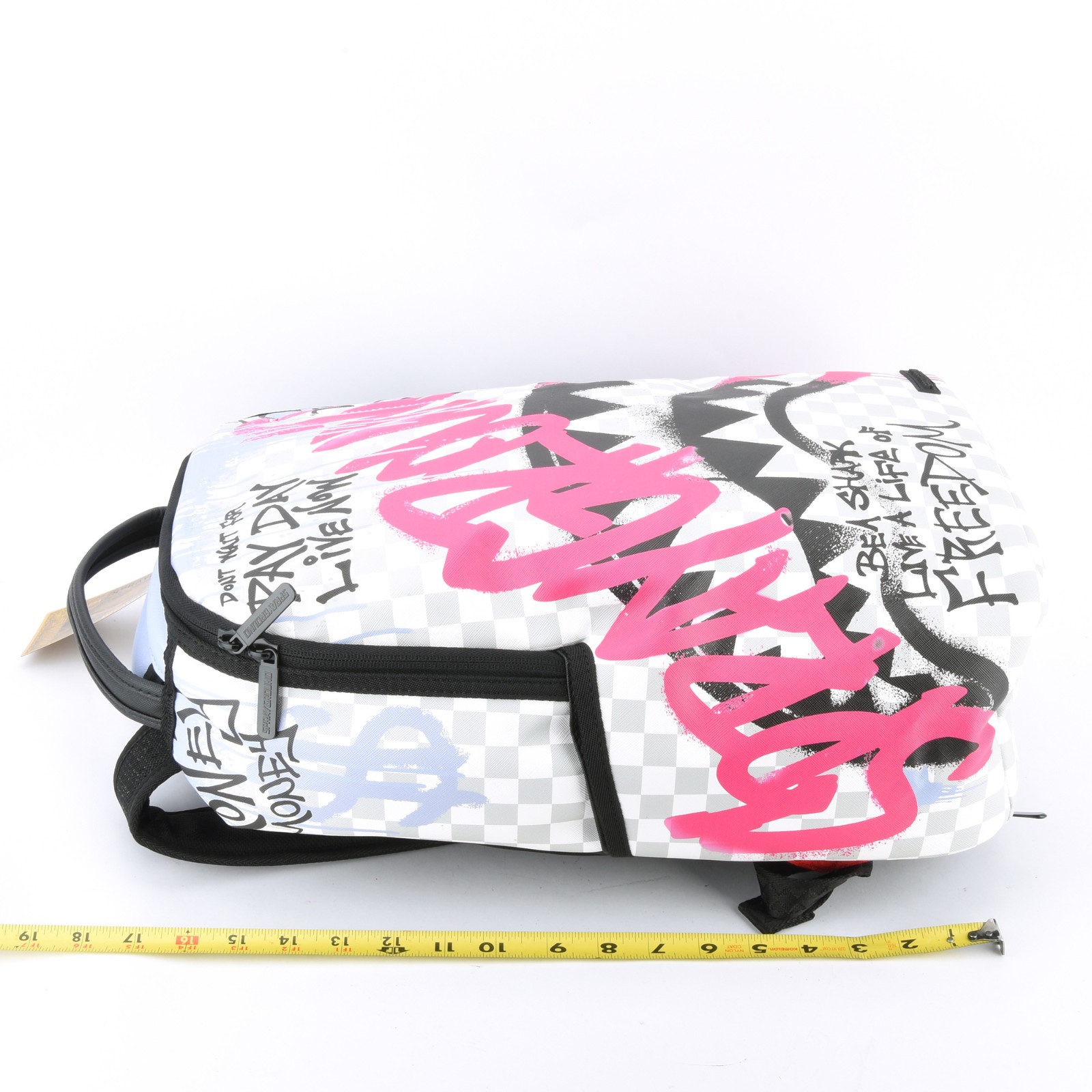Sprayground Shark Poetry Dlxsv Leather Backpack Zippered Unisex Plaid Pink Gray