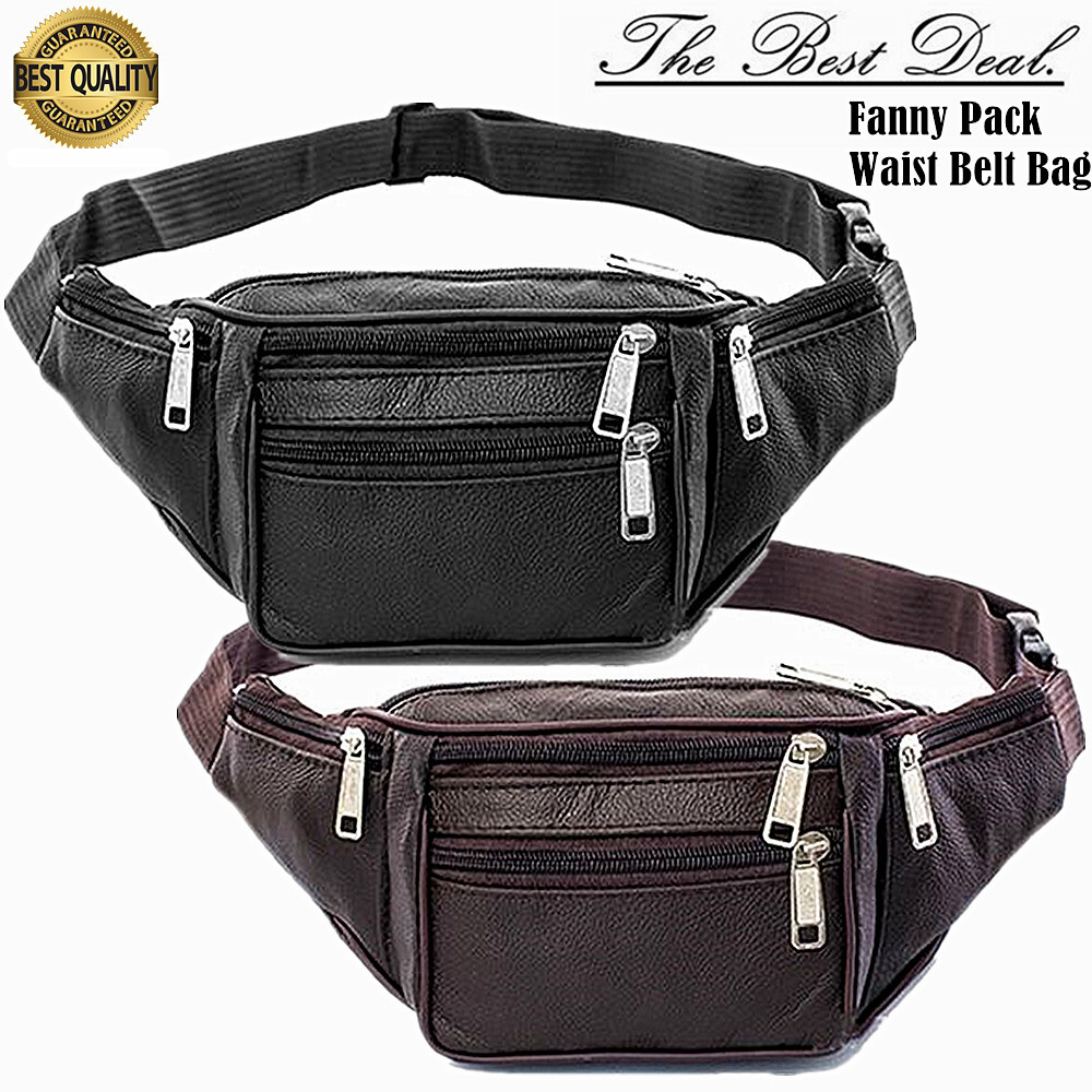 Genuine Leather Multi Zippered Fanny Pack Waist Bag Hip Belt Purse Outdoor Pouch