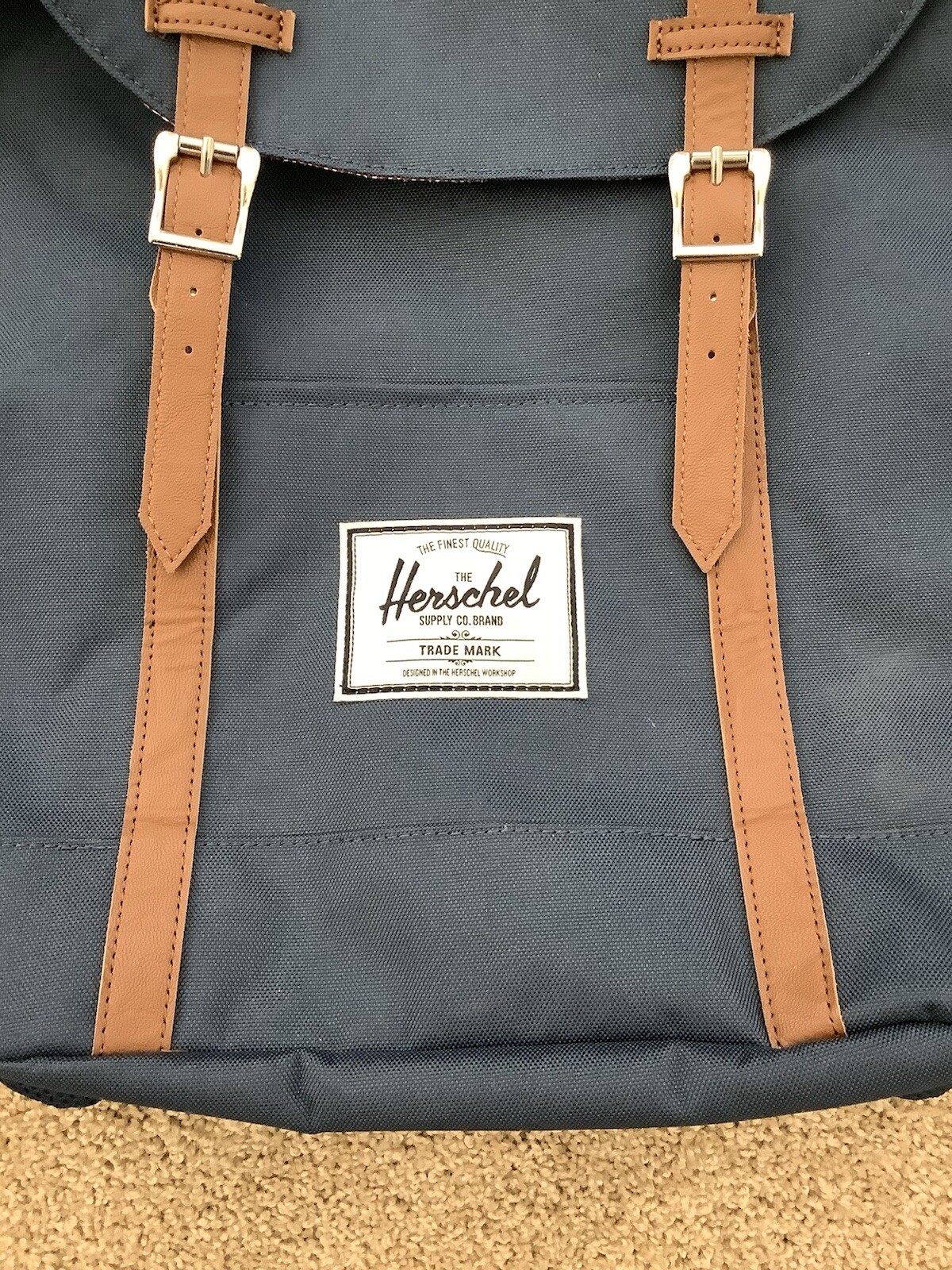 Herschel Retreat Computer Laptop Backpack Navy Unisex Faux Brown Leather NWOT