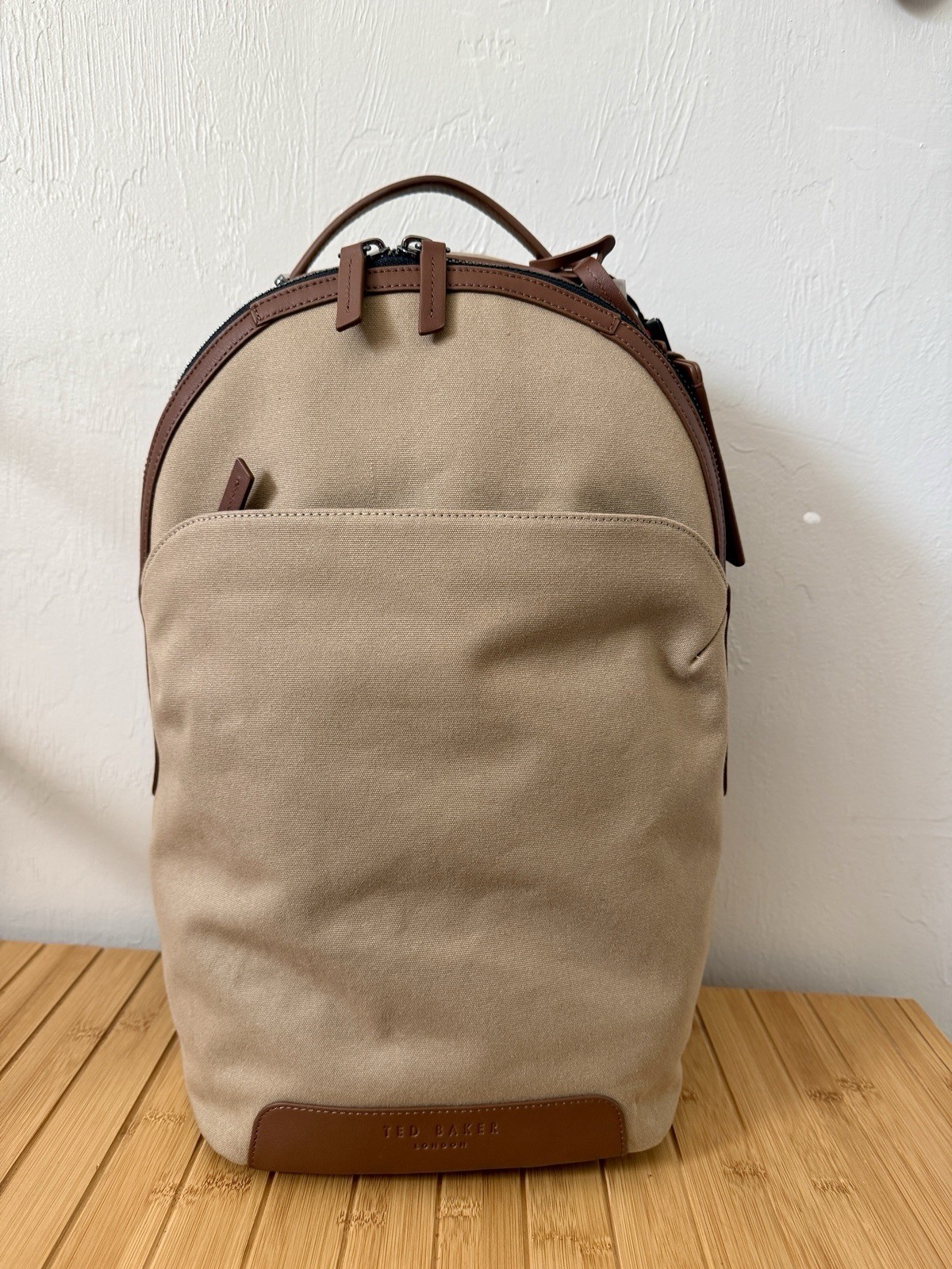 New Ted Baker Men’s Xaden Nylon & Leather Trim Double Zipper Backpack NWT Khaki