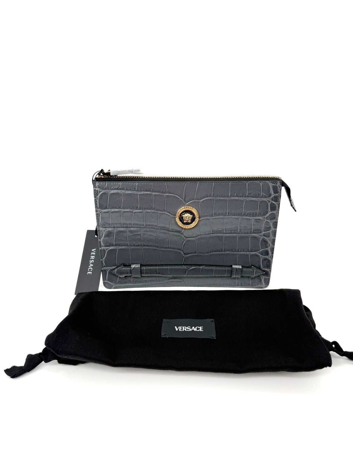 NWT Versace Medusa Men’s Crocodile Embossed Leather Small Clutch Pouch Gray