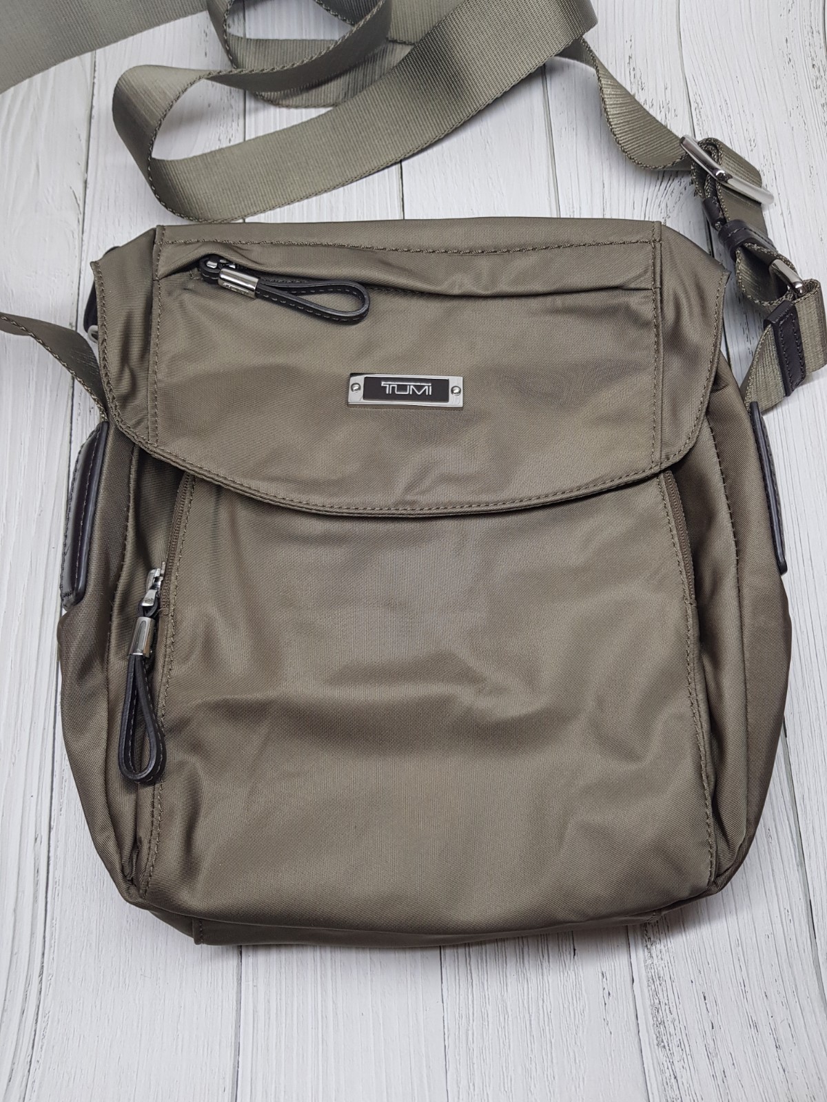 TUMI Crossbody Khaki Logo Magnetic Zip Nylon Mini Unisex