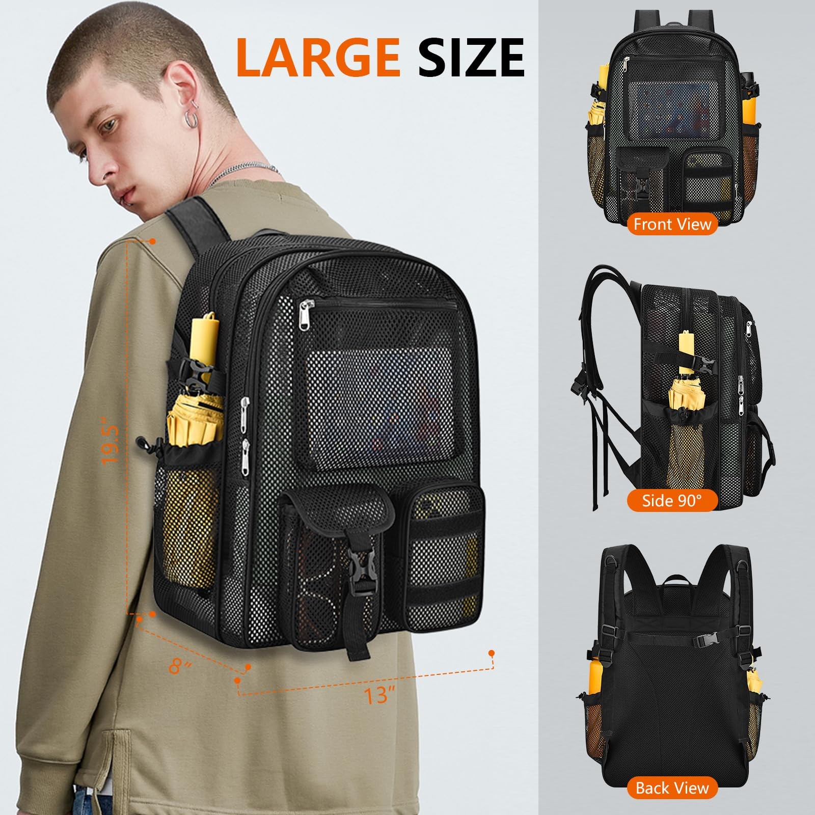 Mesh Backpack SemiTransparent Laptop Compartment Bungee Padded Strap Black