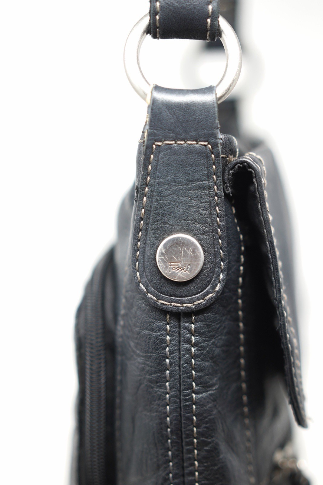Fossil Black Genuine Pebbled Leather Crossbody Organizer Messenger Bag Purse