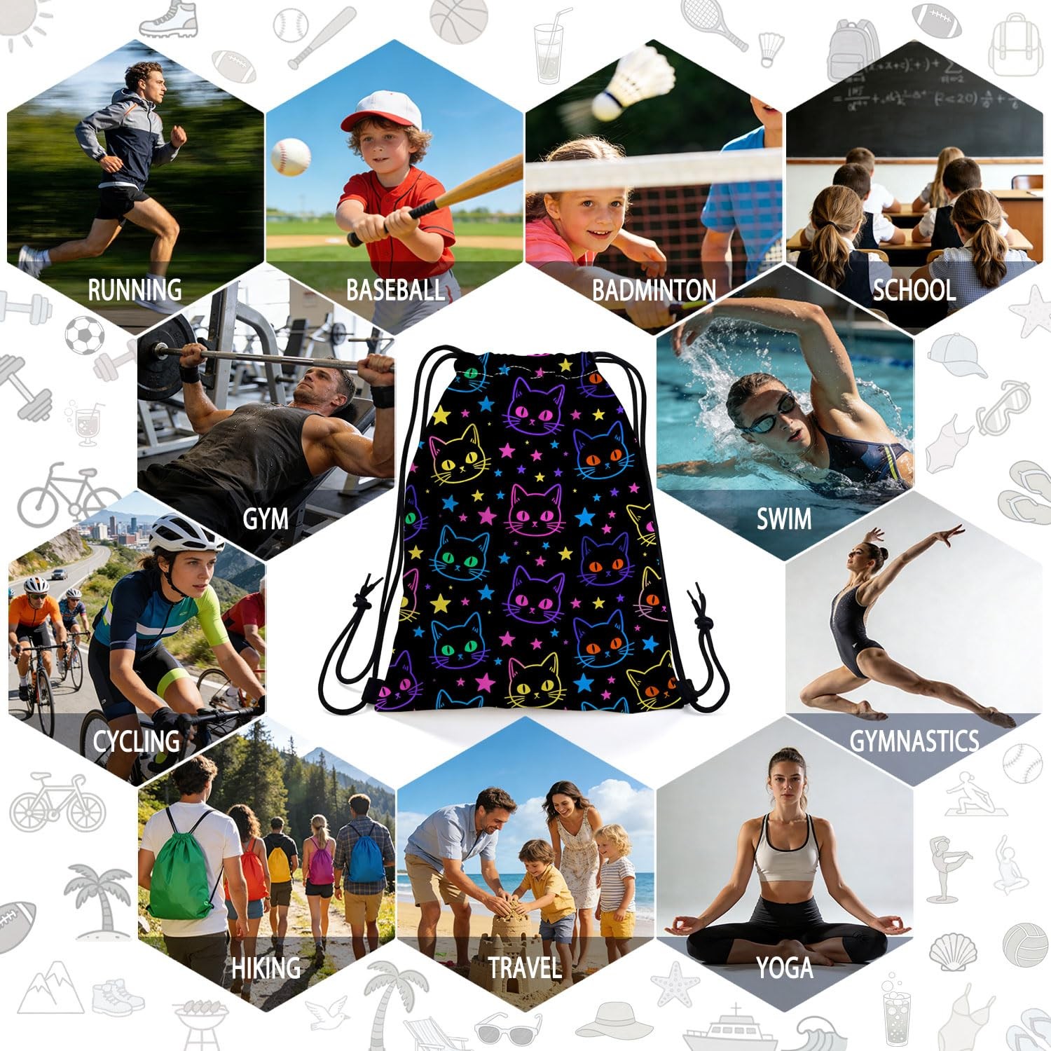 Neon Star Cat Drawstring Backpack with Dual-Sided Print, Adjustable Cord & In…