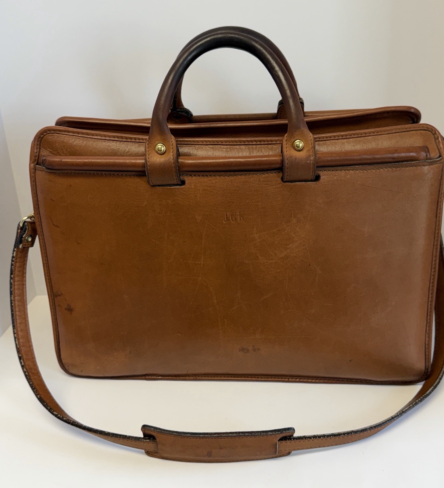 Vintage Jack Georges Brown Leather Messenger Briefcase Double Handle 16.5” Wide