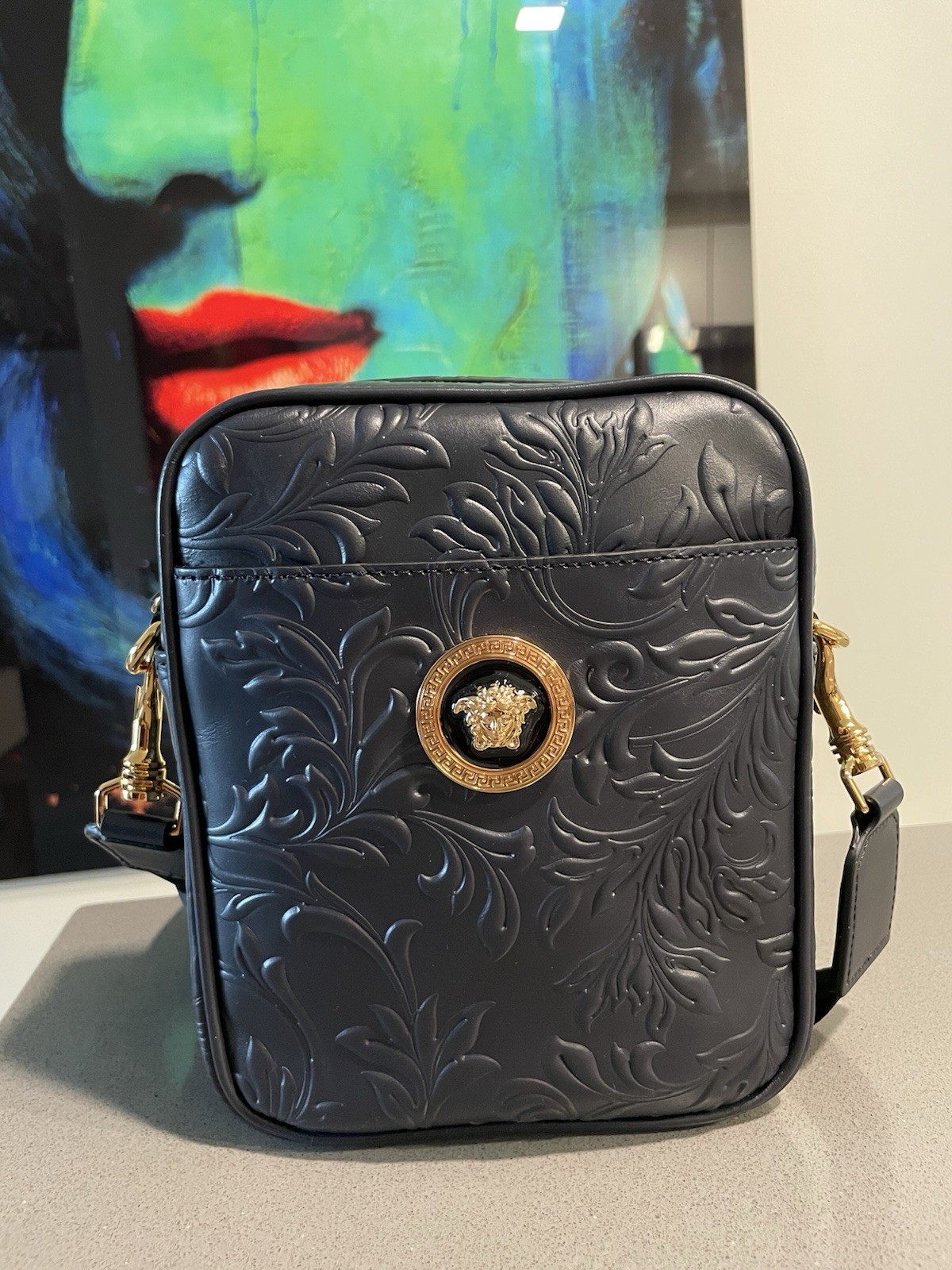 Versace Messenger Embrossing Calf Leather Barocc Navy Blue-gold $ 1500 Authentic