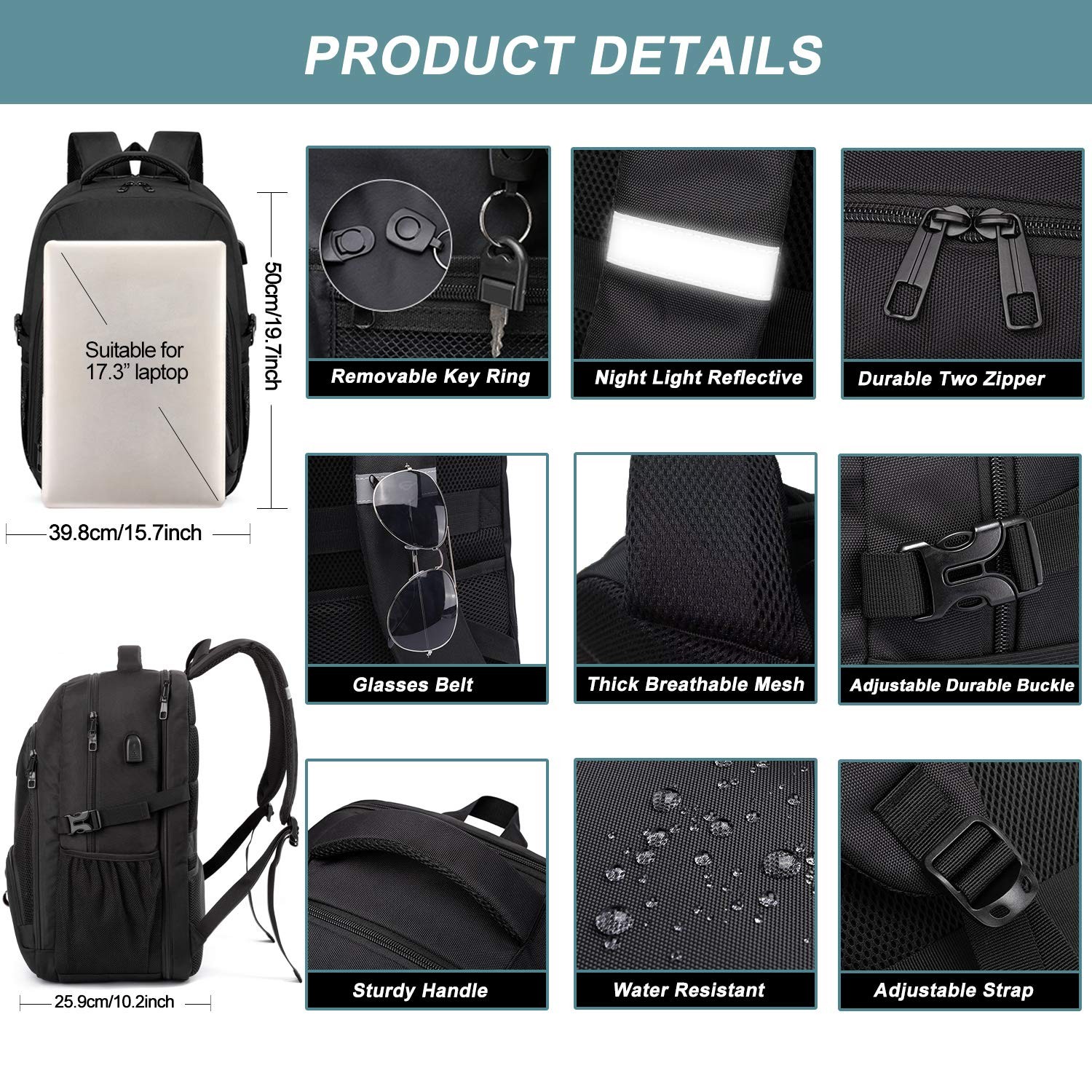 Extra Large Backpack for Men 50L,Water Resistant 17.3 inch Travel Laptop Backpac