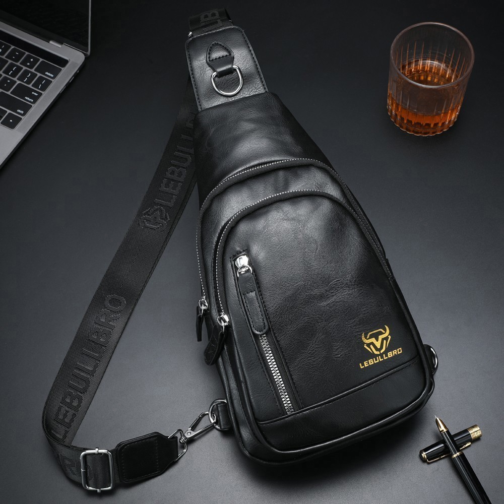 Men’s Leather Sling Bag Crossbody Chest Adjustable Strap Multiple Compartments