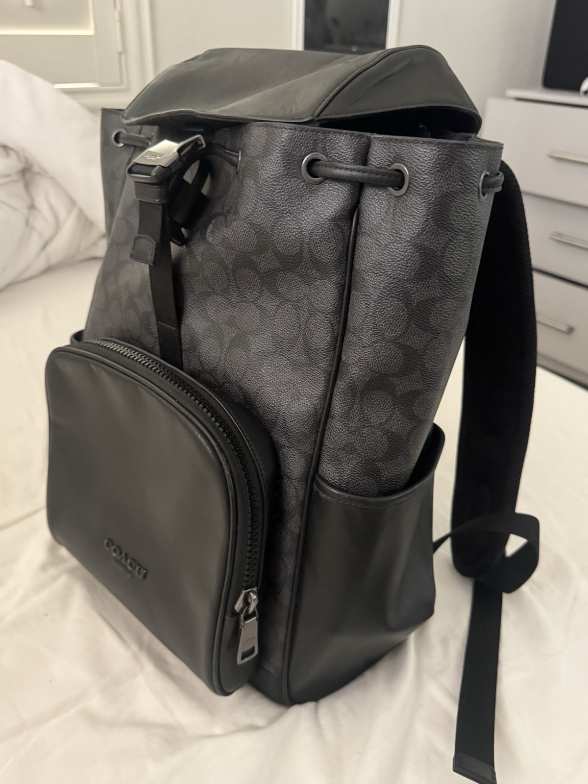 Coach League Flap Backpack Signature Canvas Charcoal Black Leather Trim Men’s