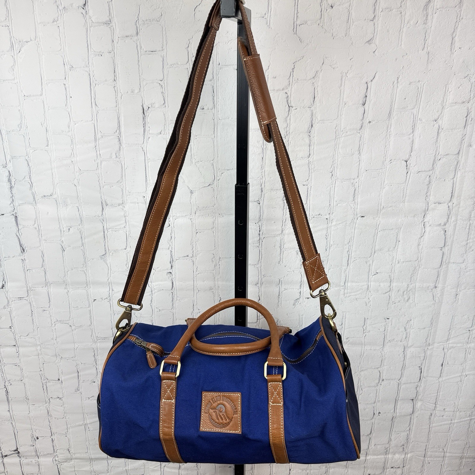 F.H. Wadsworth NYC Blue Matron Fabric Brown Leather Trim Zip Duffle Bag New