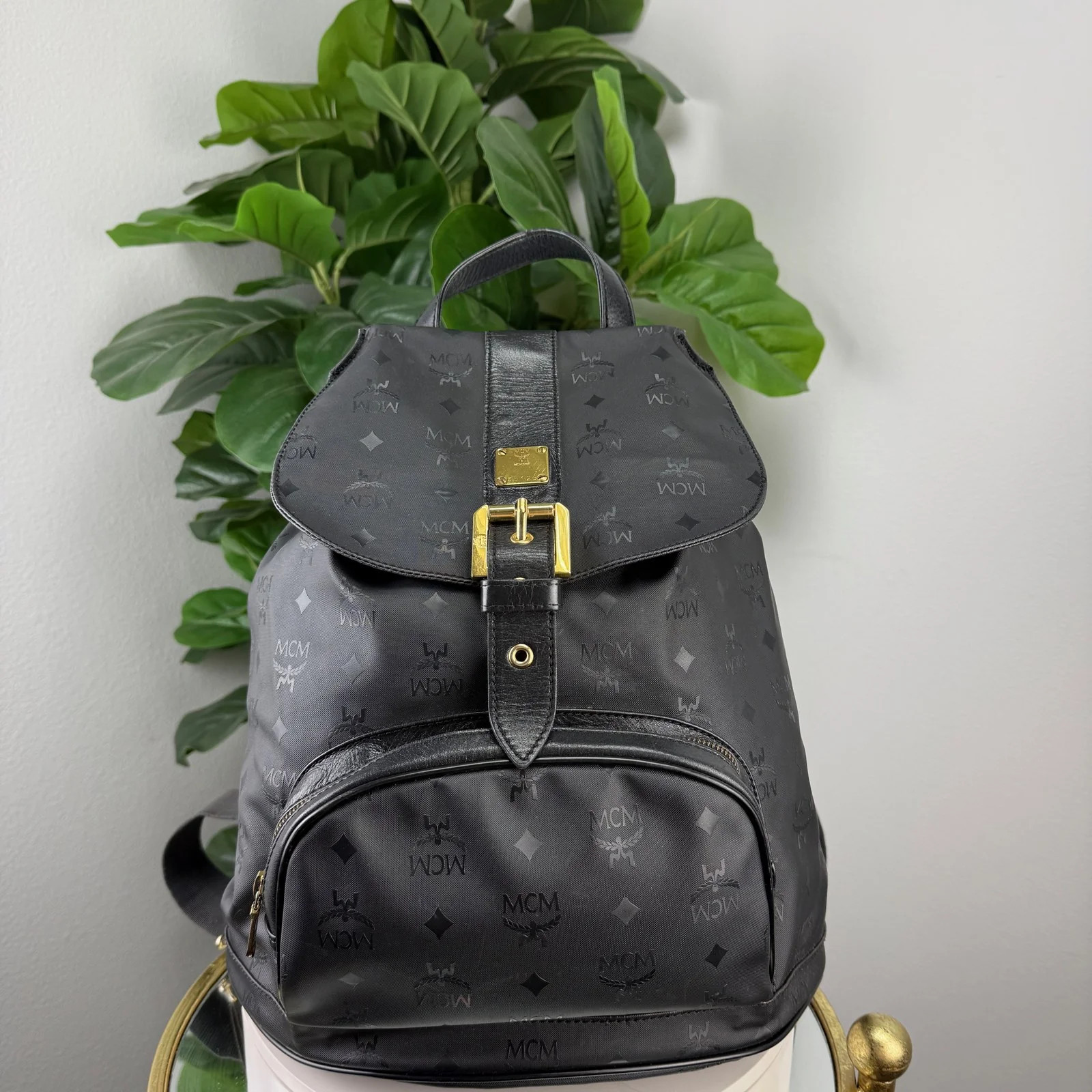 Authentic MCM Visetos Nylon Backpack Black – Gold Hardware