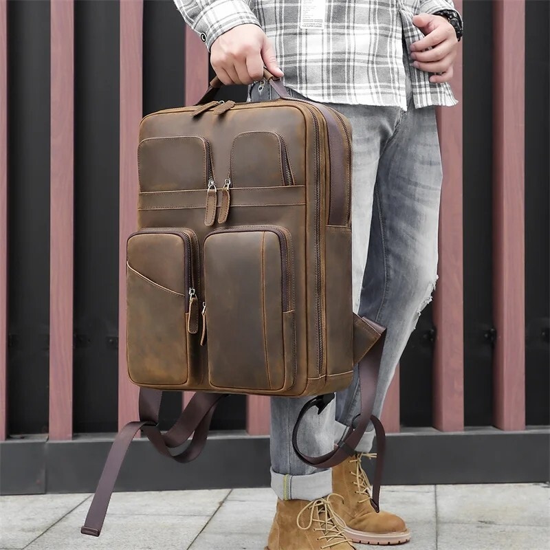 Men Vintage Leather Backpack Crazy Horse Leather 15.6” Laptop Travel Backpack