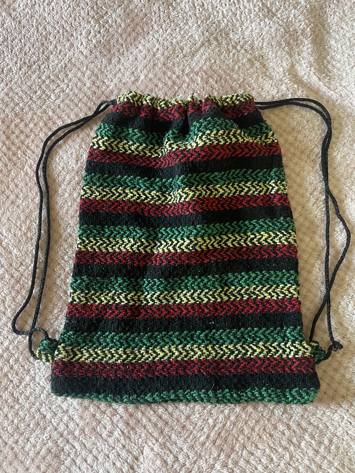 Vintage 70s Recycled Drawstring Bag Rasta Striped red/yellow/green black Baja Jo