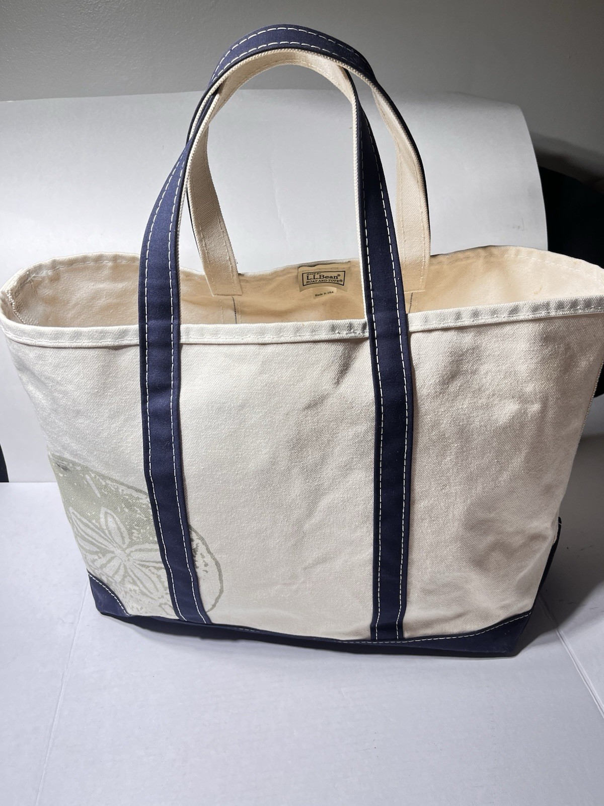 Vintage 90’s LL Bean Boat and Tote Bag Large Off WhiteNavy Blue Stiff Canvas USA