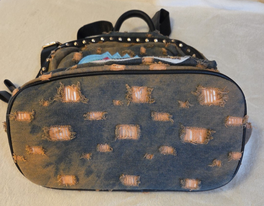 Distressed Soft Denim Backpack Patches Embroidery Sequins Eyes Grunge Studs Zip