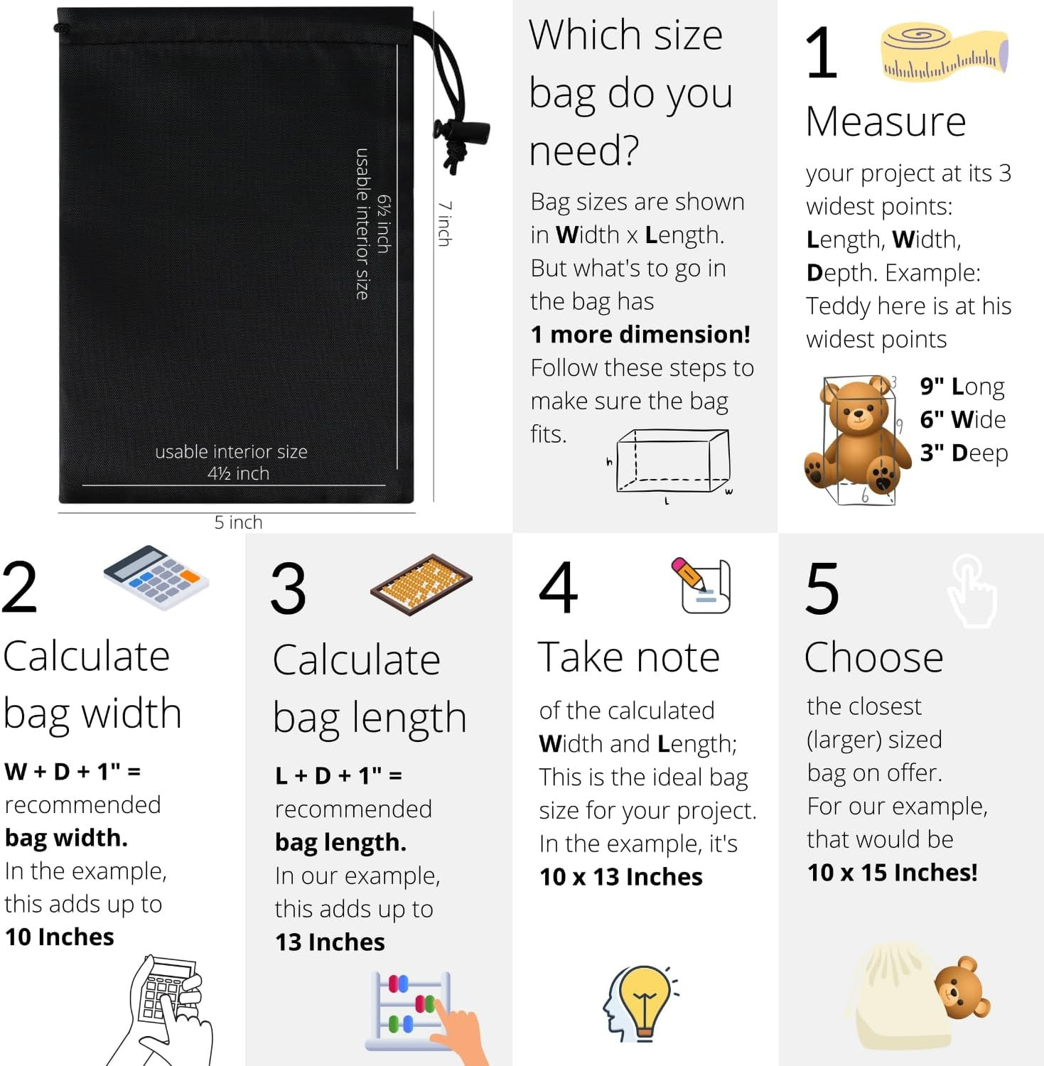 Drawstring Bag with Toggle – Nylon Cinch and Ditty Pouch – Six Pack (Black, 5 X