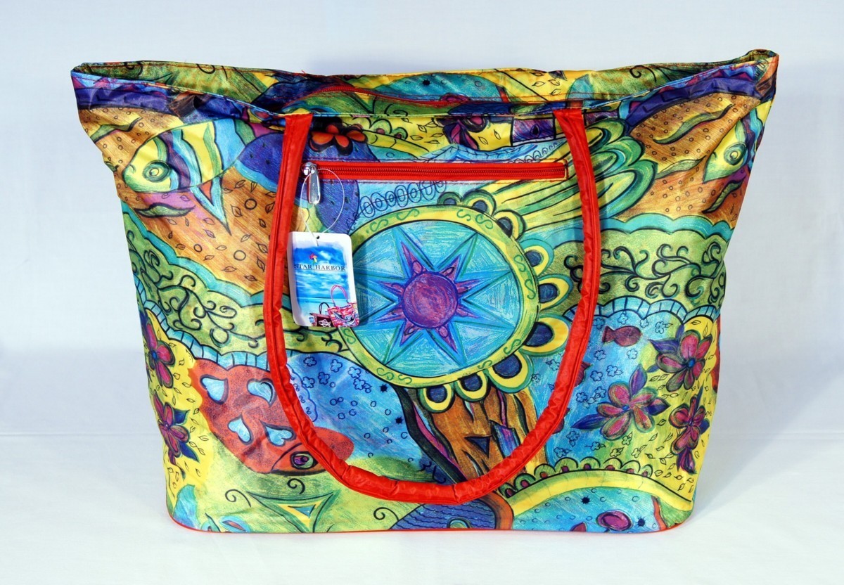 Large Star Wheel Tropical Fish Flower Beach Bag 21.5 x 16 x 7″ 420C