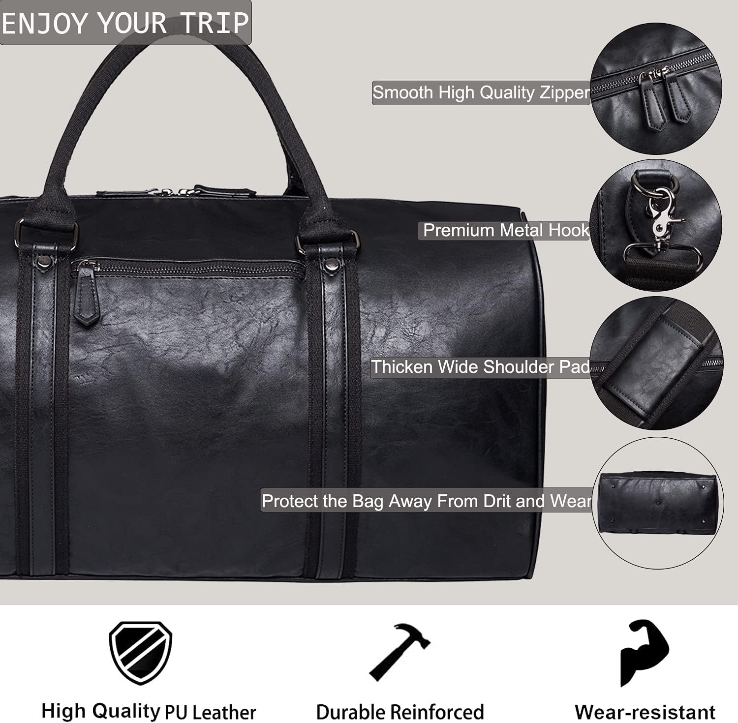 Large Waterproof Leather Oversized Duffle Travel Bag for Weekend Getaways