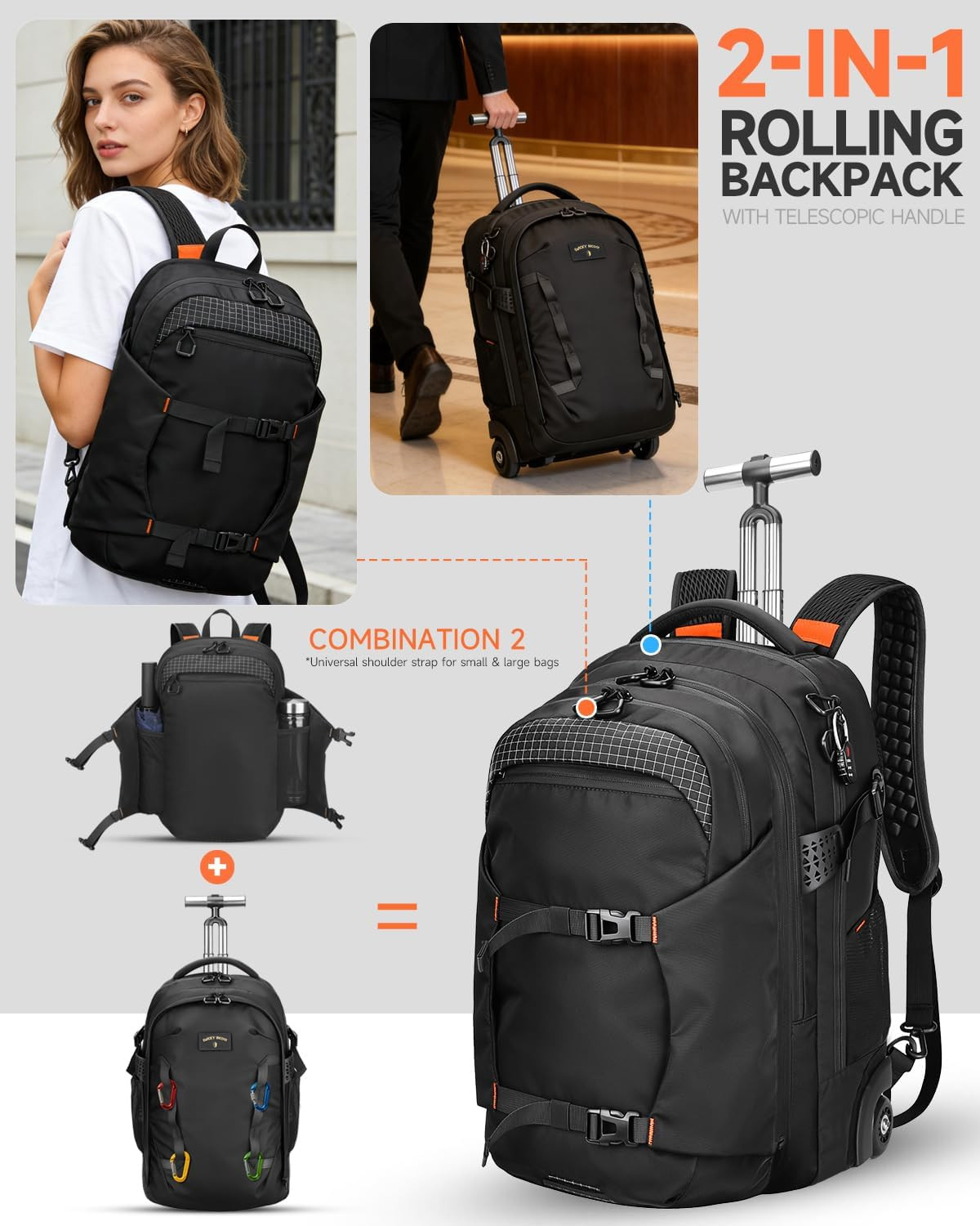 Rolling Backpack, 56L Large Backpacks with Wheels-Splits into Daypack & Laptop B
