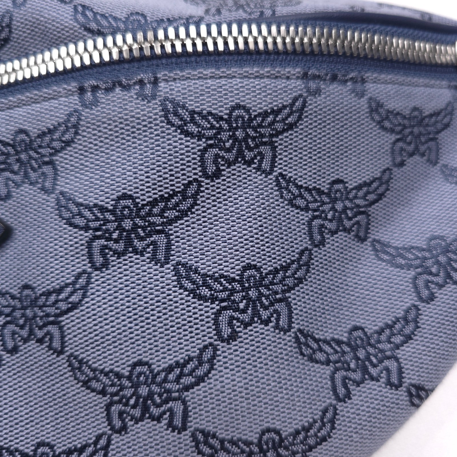 $650 MCM Himmel Lauretos Jacquard Fabric Belt Bag in Steel Blue Mens Authentic