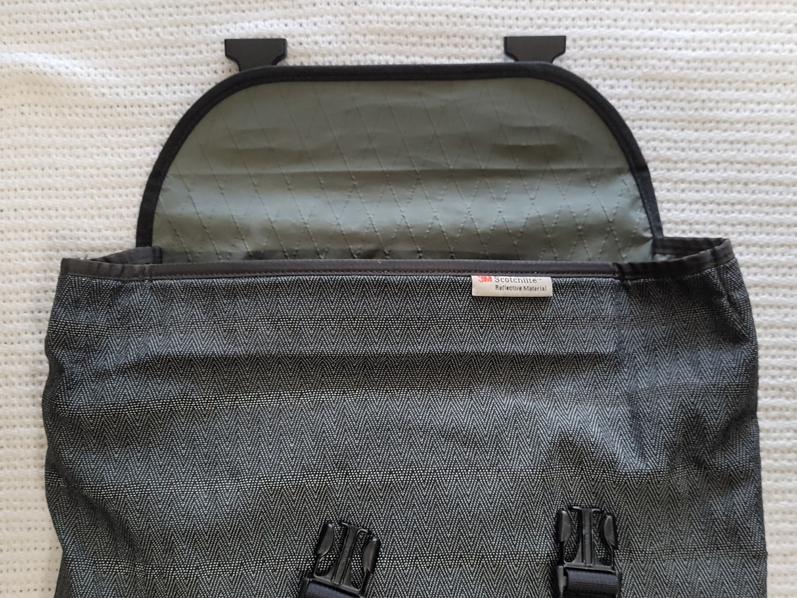 Rickshaw Bagworks Sutro Backpack Gray herringbone tweed fabric/ reflective yarn