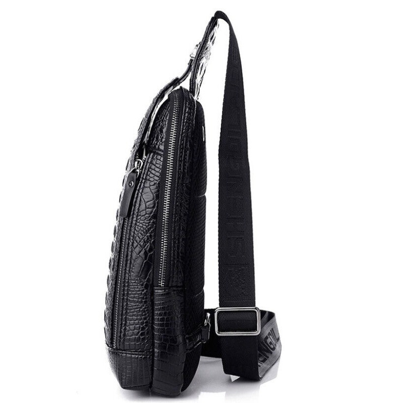 Mens Luxury Leather Crocodile Pattern Chest Bag Backpack Crossbody Travel Bag