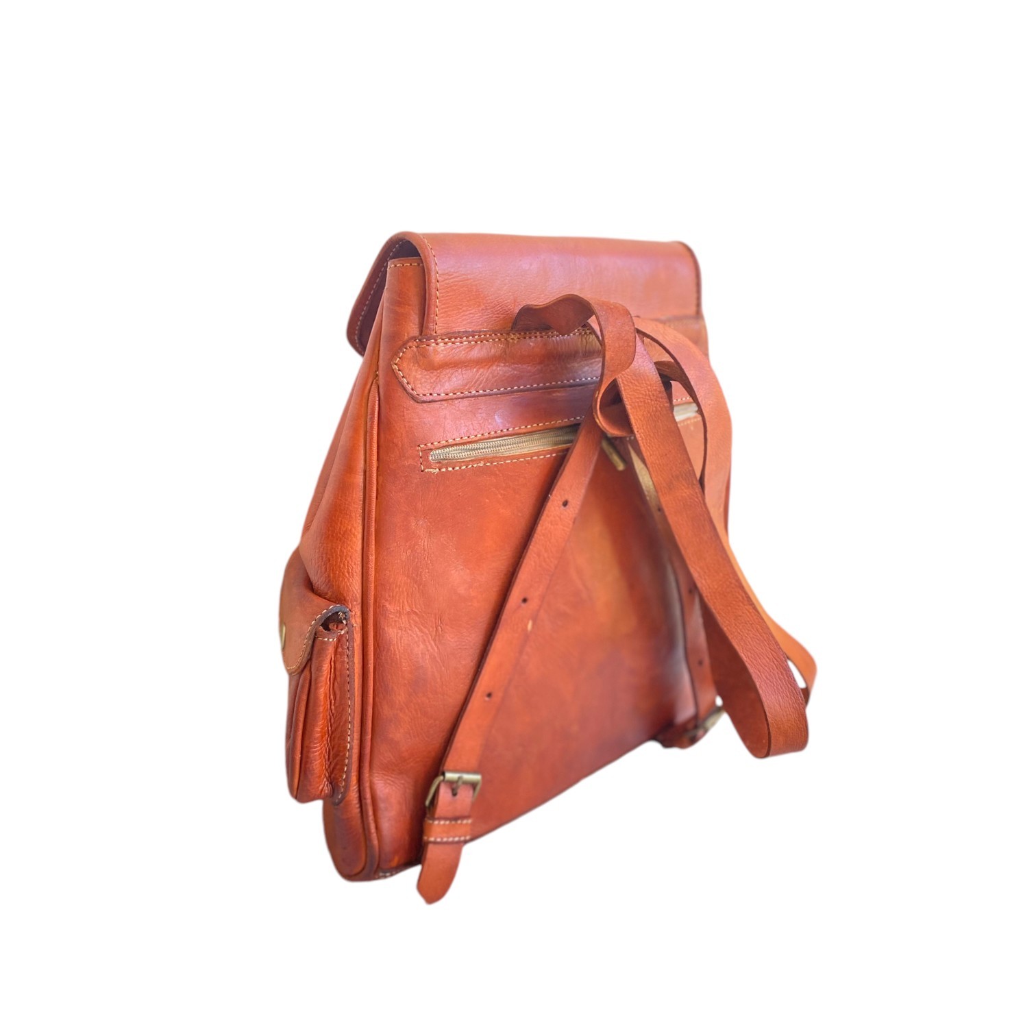 Cognac Leather Backpack Handmade Morocco 2 Pockets Genuine Leather Bag