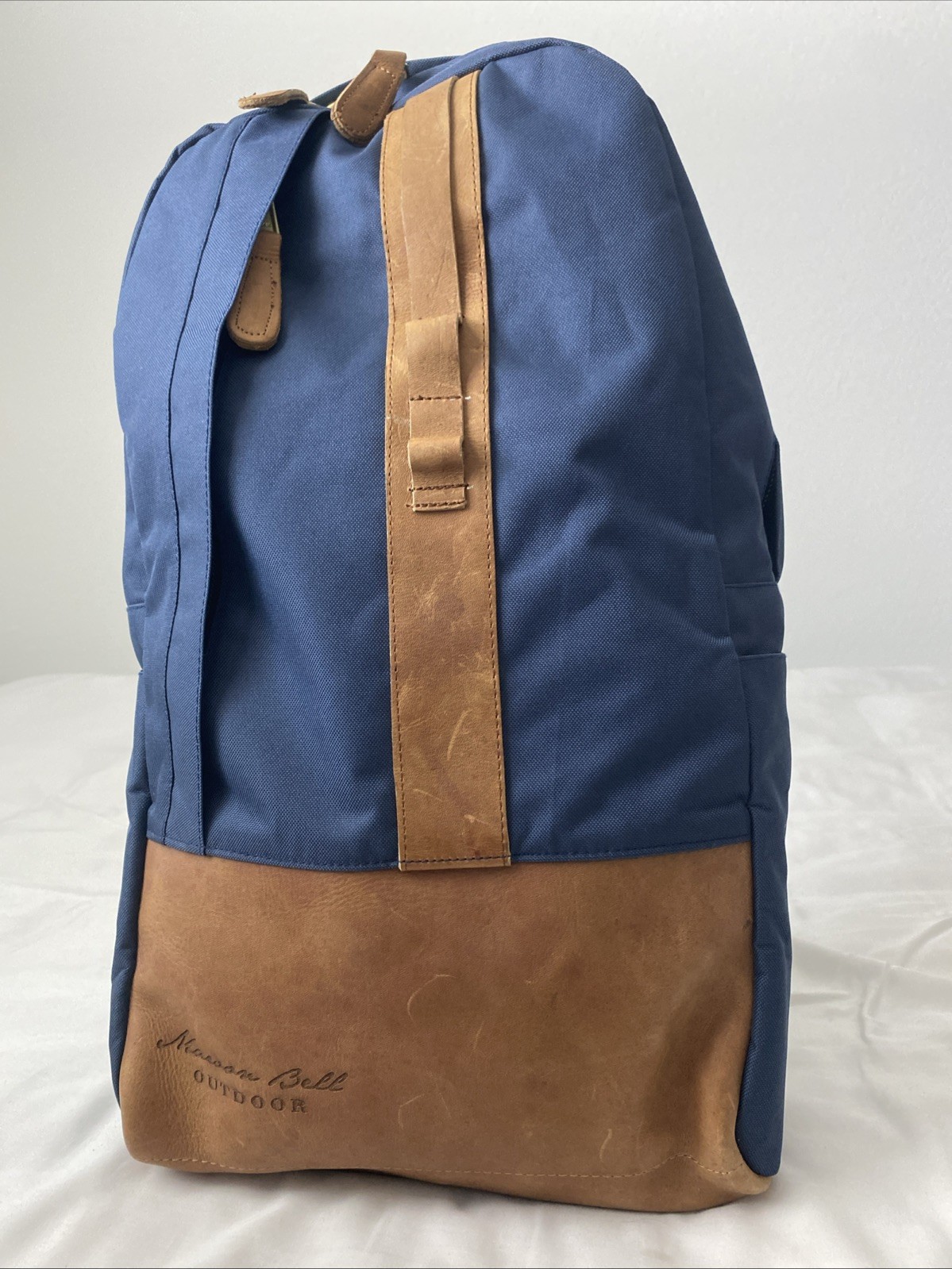 Maroon Bell Outdoor Weekender Backpack Blue With Brown Leather