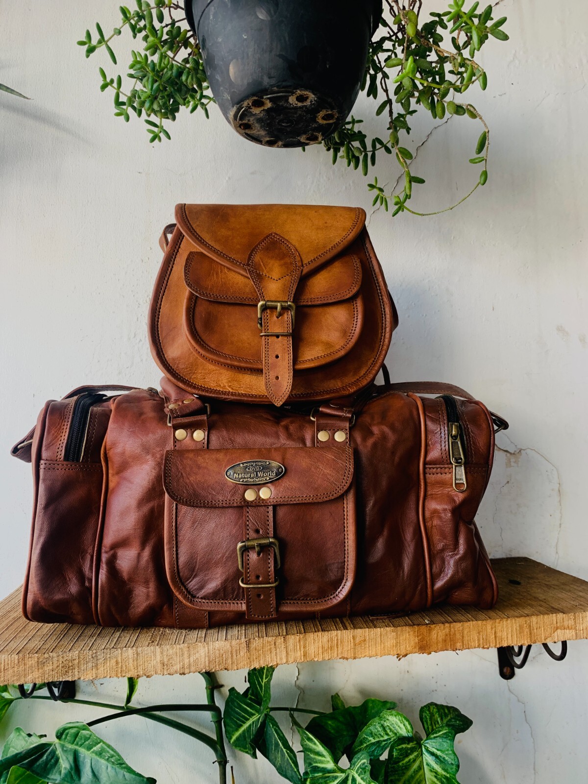 Bag Goat Leather Duffle Men Travel Luggage Genuine Brown Free Bag [ 7X9 inch ]