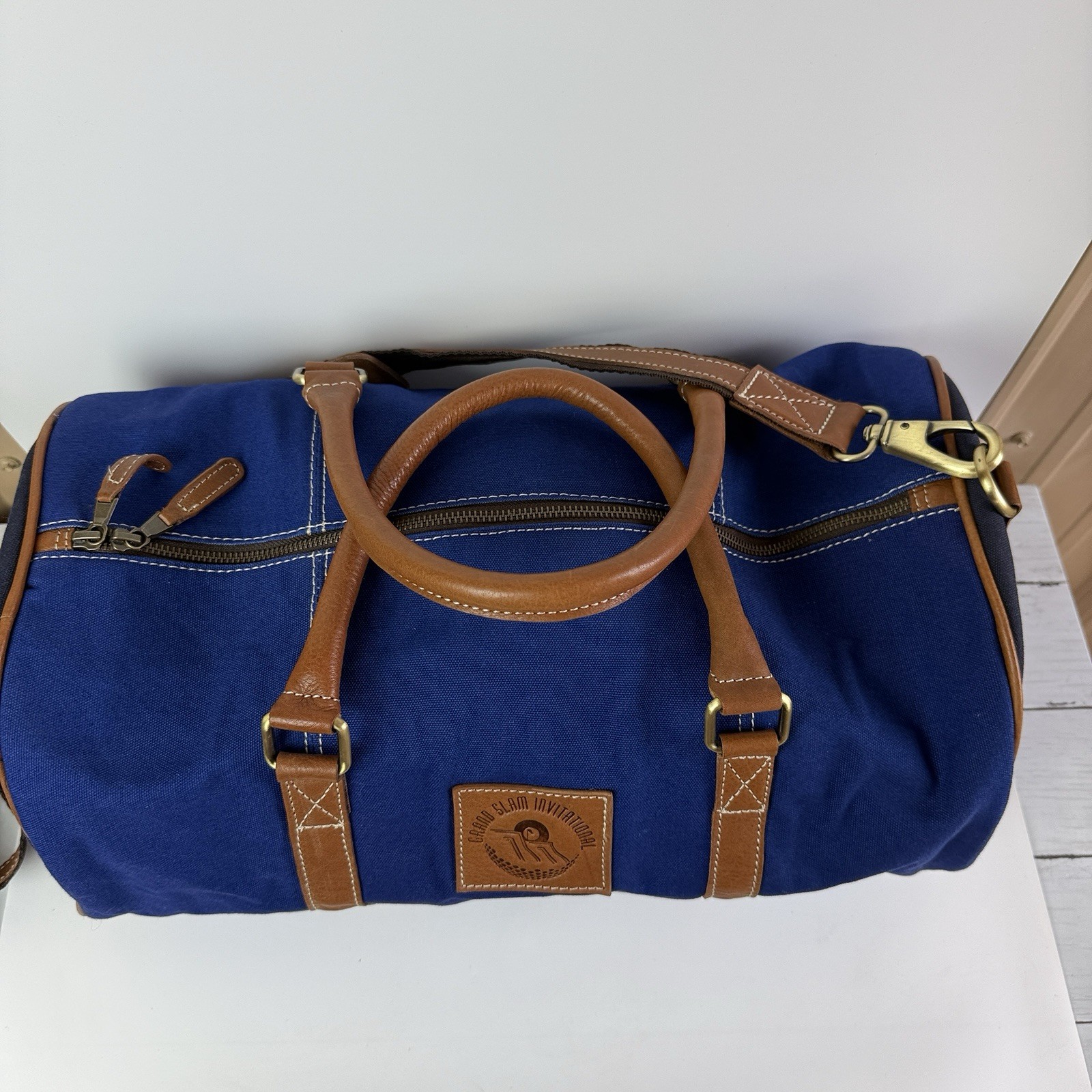 F.H. Wadsworth NYC Blue Matron Fabric Brown Leather Trim Zip Duffle Bag New