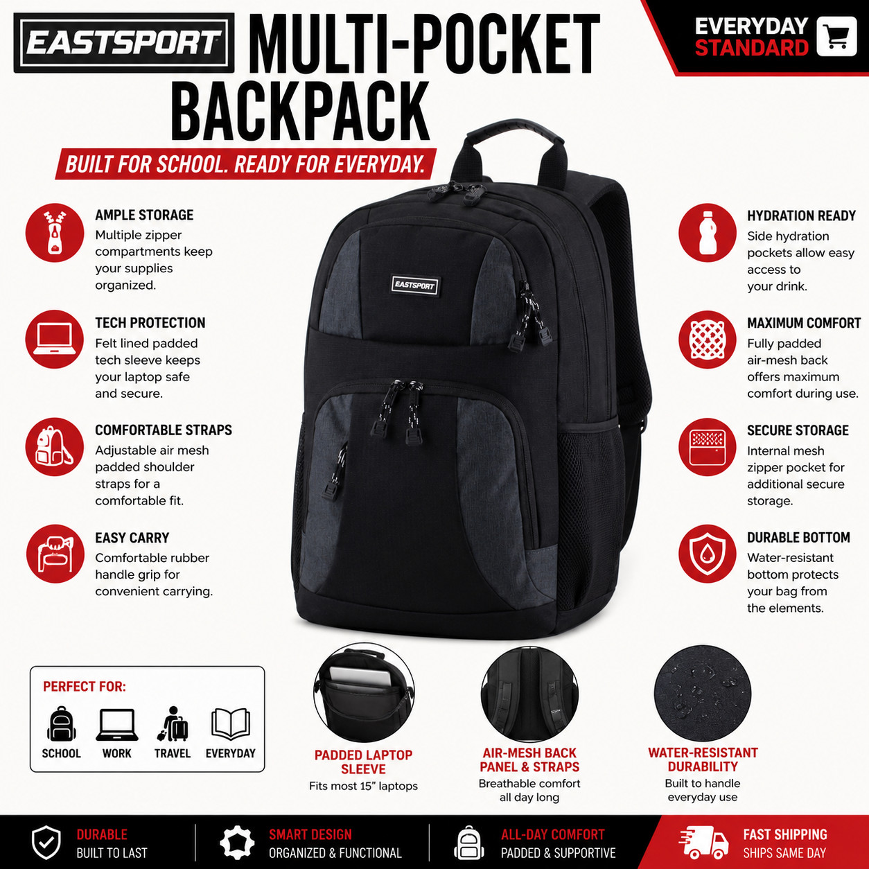 NEW Eastsport Unisex 19″ Premier Expandable Recycled Backpack Black Multi-Pocket
