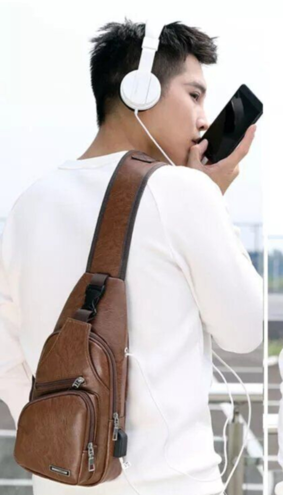 Sm Crossbody Sling Chest or Shoulder Bag w/Charging Port & Earphone Cable Hole