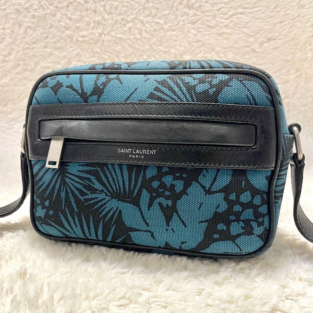 Saint Laurent Paris Camp Camera Canvas Leather Shoulder Bag Green Black 18cm