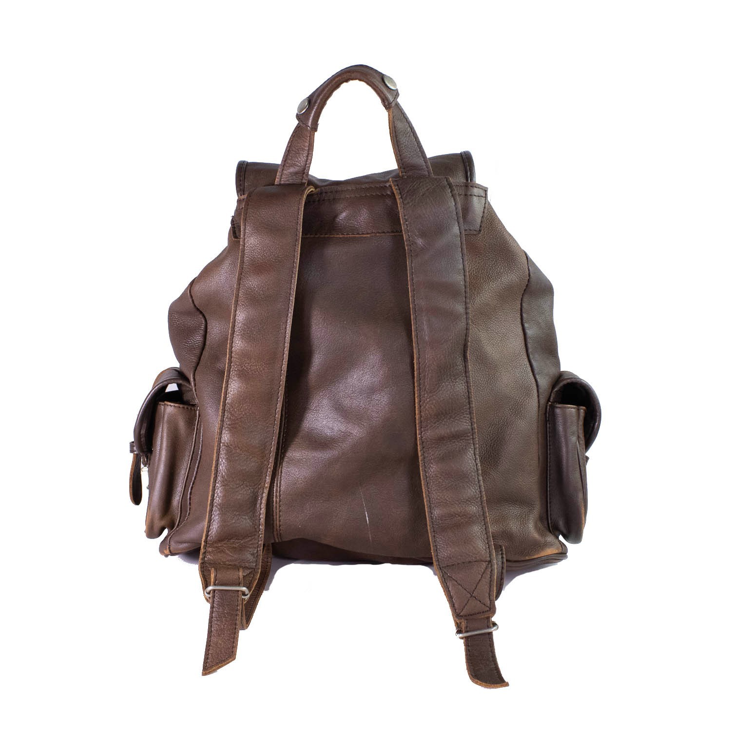 Genuine Cowhide Leather Backpack Brown Drawstring Rucksack Multi Pocket