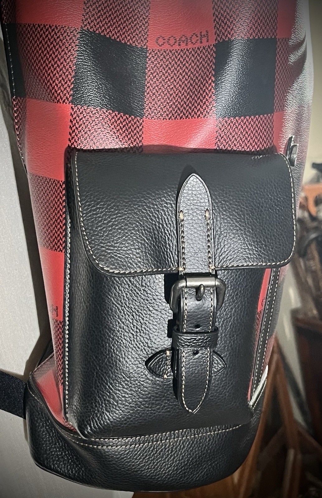 Coach C1240 Hudson Backpack Buffalo Plaid Red Black Leather Rucksack Laptop Bag