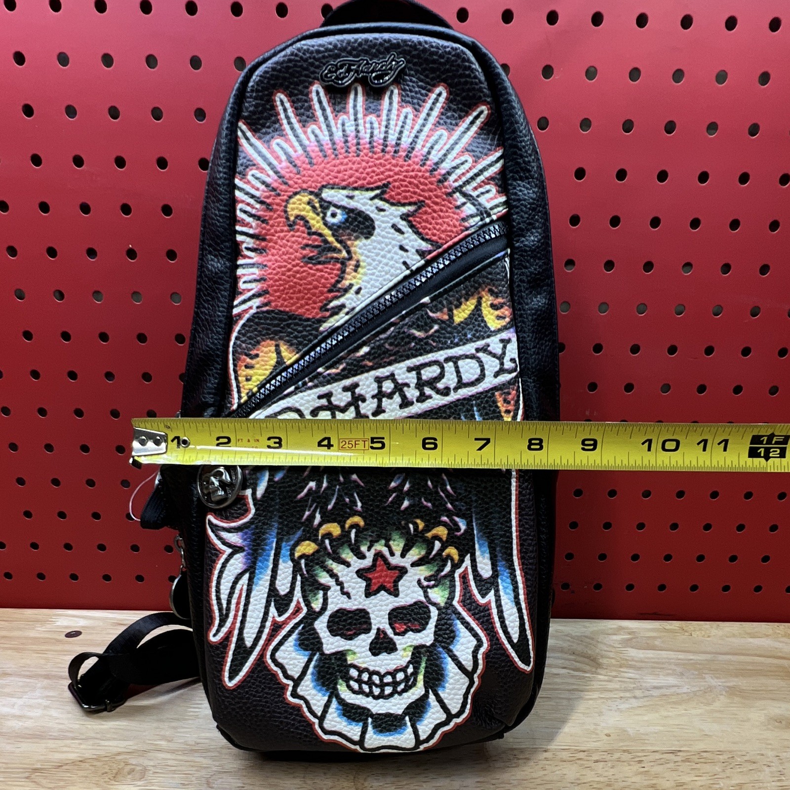 Ed Hardy Black Skull Eagle Graphic Sling Bag, Medium, Zip, Adjustable Strap