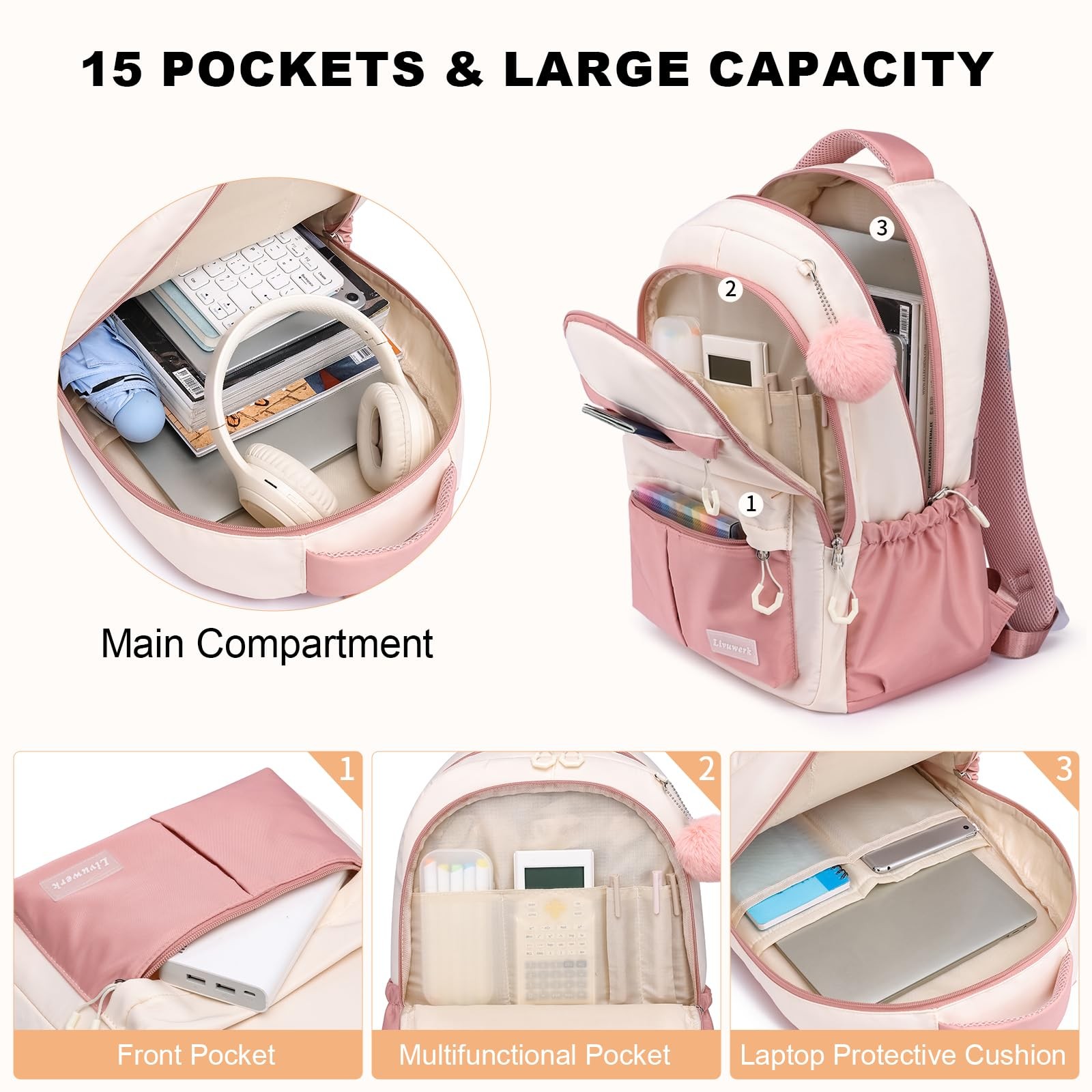 School Laptop Backpack for Teen Girls: 15.6 Inch Cute College Bookbag Waterproof