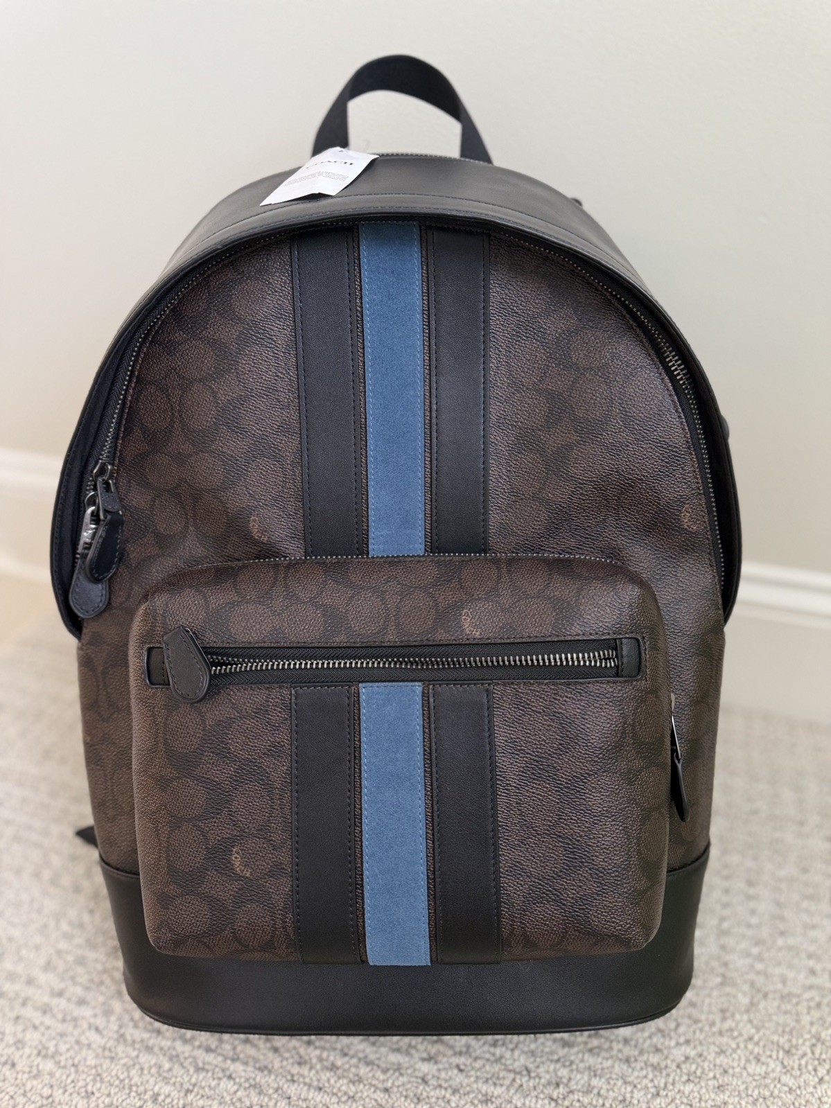 COACH Men’s West Backpack Signature Canvas & Leather Varsity Stripe Walnut CDC54