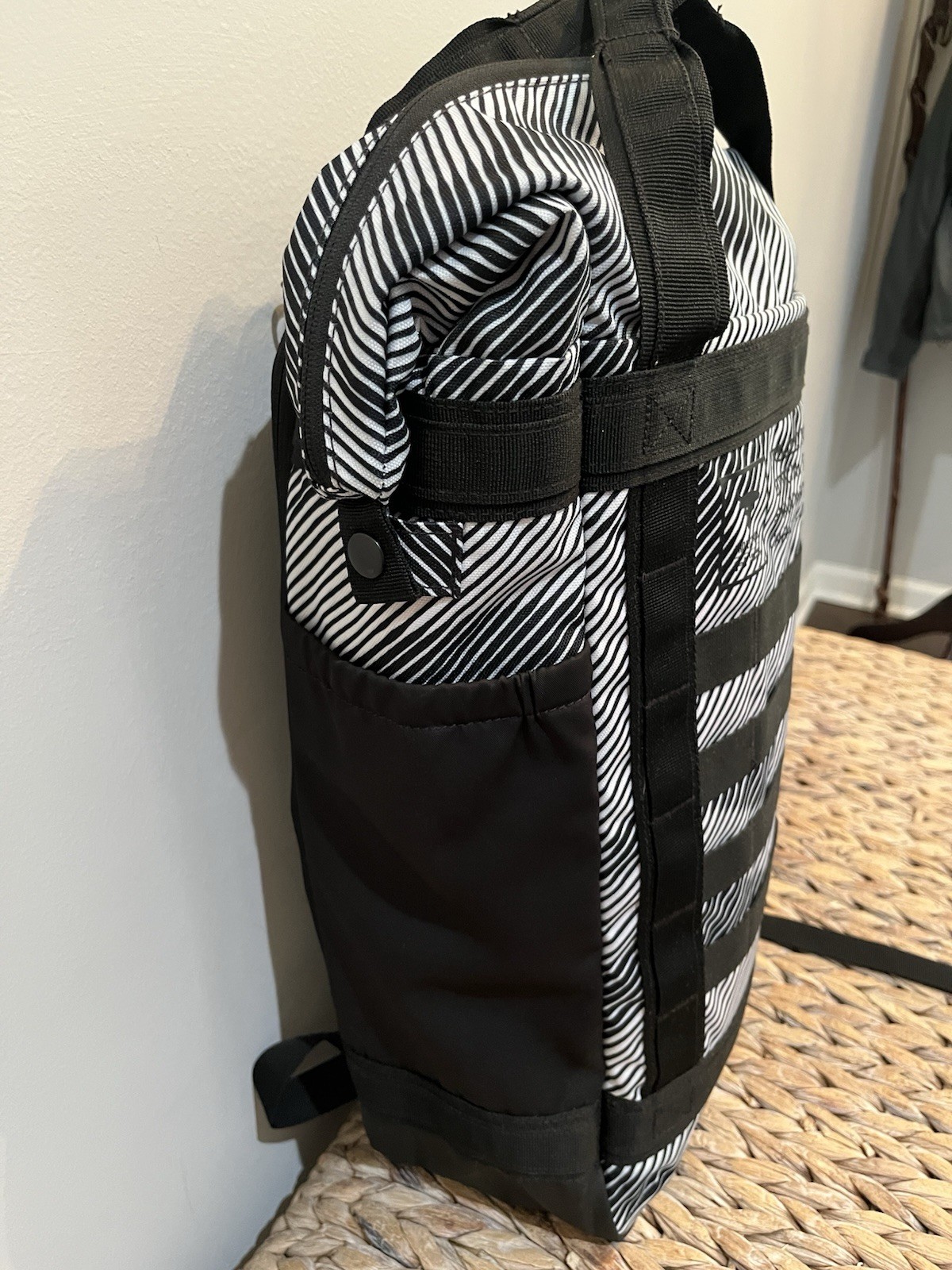 Under Armour Project Rock Box Duffle Backpack Black White Stripe Unisex NWOT